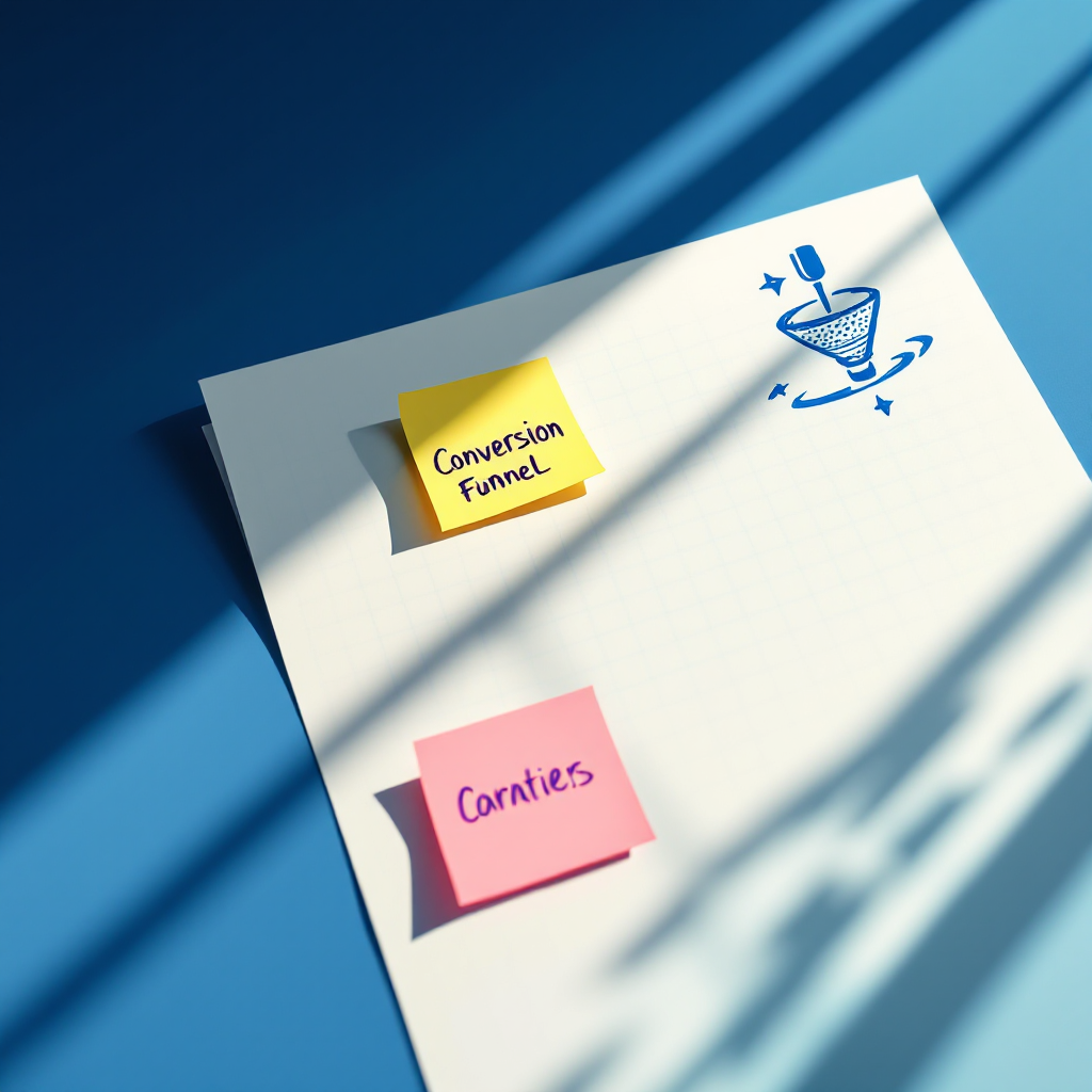 Grid paper with a hand-drawn conversion funnel and blue-marked sticky notes