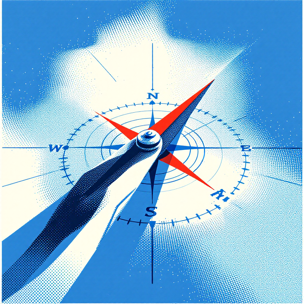 Screenprint of a compass needle pointing north-east over a grid