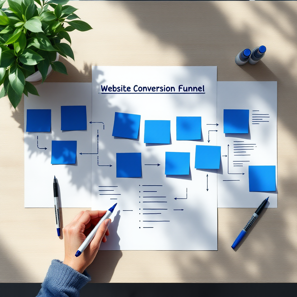 Flat lay of paper wireframes and blue sticky notes mapping a website funnel