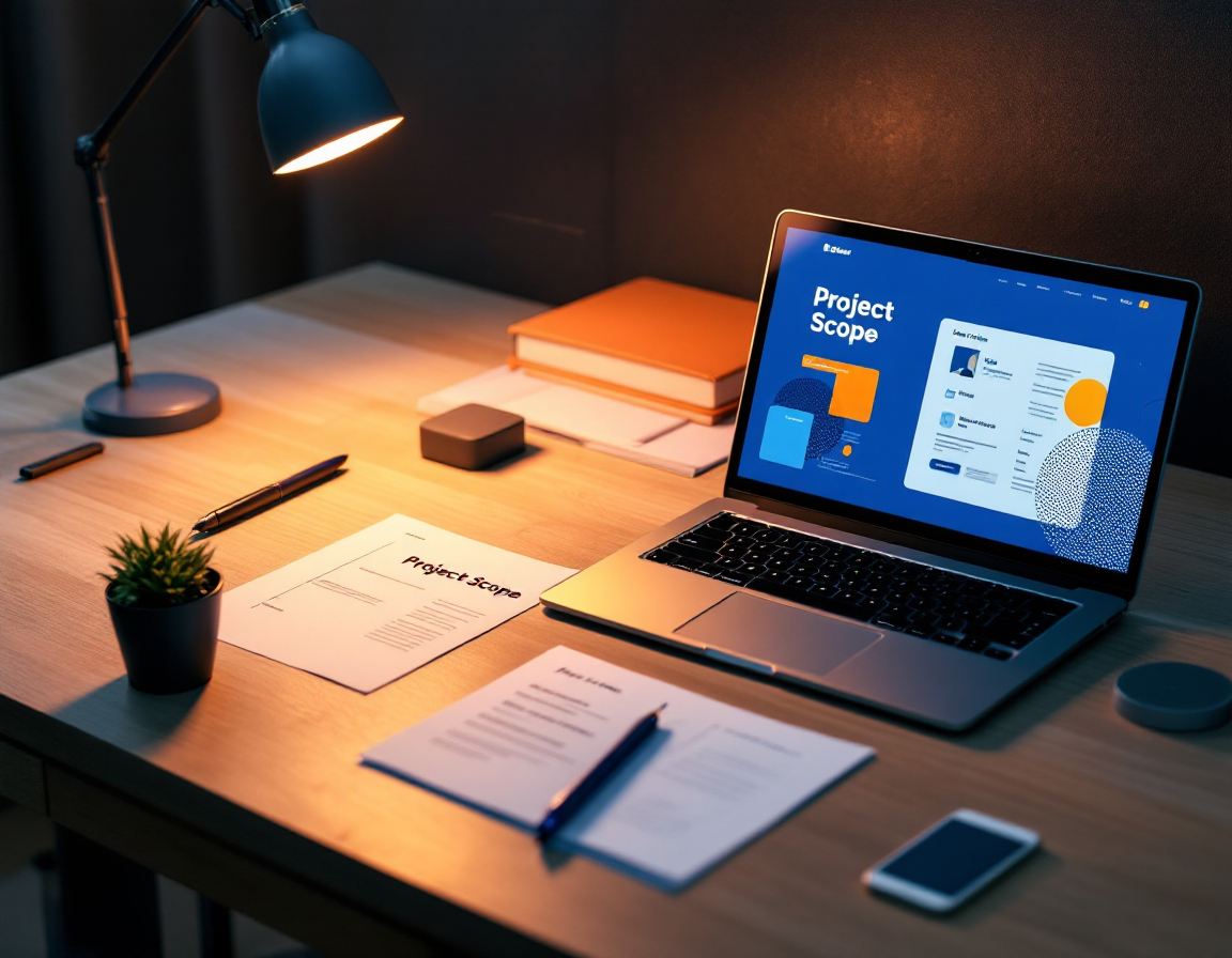 A printed project scope and fixed-price quote beside a laptop showing a blue website design